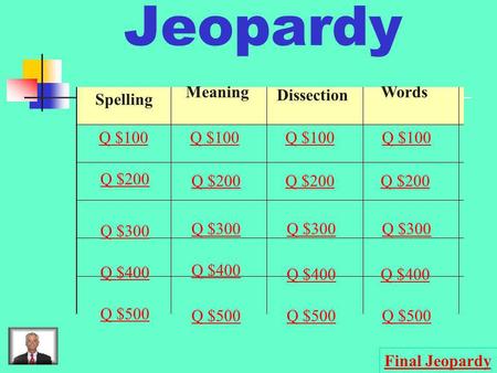 Jeopardy Dissection Spelling Meaning Words Q $100 Q $100 Q $100 Q $100