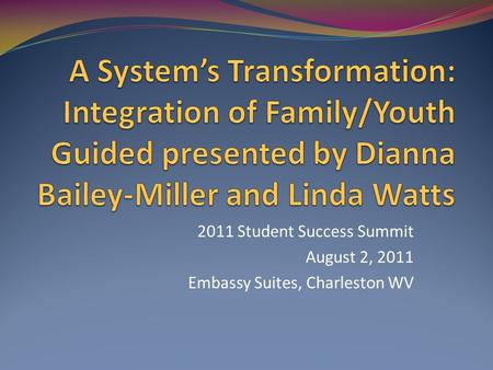 2011 Student Success Summit August 2, 2011 Embassy Suites, Charleston WV.