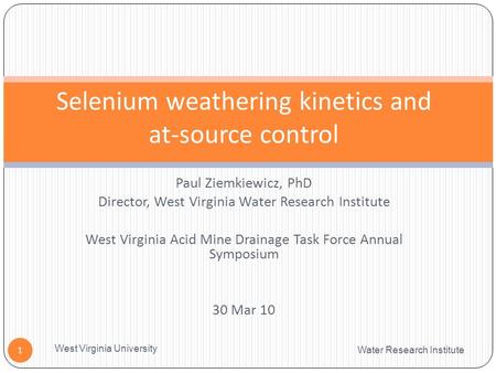 Paul Ziemkiewicz, PhD Director, West Virginia Water Research Institute West Virginia Acid Mine Drainage Task Force Annual Symposium 30 Mar 10 Water Research.