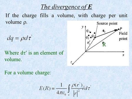 The divergence of E If the charge fills a volume, with charge per unit volume . R Where d is an element of volume. For a volume charge: