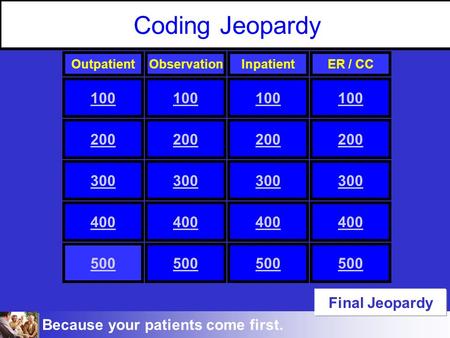 Because your patients come first. Coding Jeopardy 100 300 100 300 100 300 100 200 300 400 500 OutpatientObservationInpatientER / CC 200 Final Jeopardy.