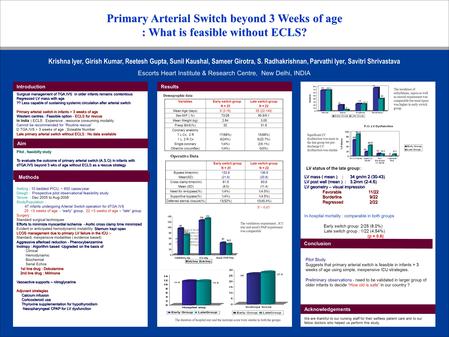 Primary Arterial Switch beyond 3 Weeks of age : What is feasible without ECLS? Surgical management of TGA.IVS in older infants remains contentious Regressed.