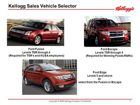 Copyright © 2008 Kellogg Company Confidential 1 Ford Fusion Levels TSR through 4 (Required for TSRs and KUSA employees) Ford Escape Levels TSR through.