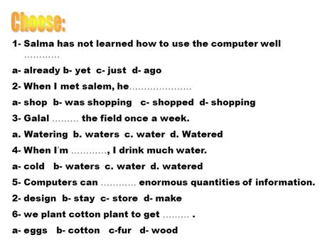 1- Salma has not learned how to use the computer well ………… a- already b- yet c- just d- ago 2- When I met salem, he ………………… a- shop b- was shopping c-