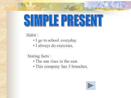 Habit : I go to school everyday. I always do exercises. Stating facts : The sun rises in the east. This company has 3 branches.