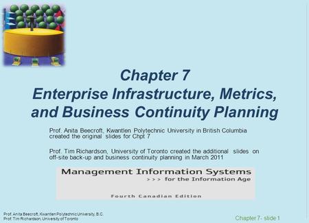 Chapter 7- slide 1 Prof. Anita Beecroft, Kwantlen Polytechnic University, B.C. Prof. Tim Richardson, University of Toronto Chapter 7 Enterprise Infrastructure,