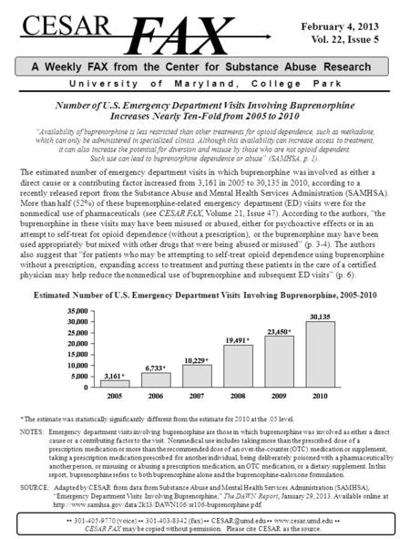 CESAR FAX U n i v e r s i t y o f M a r y l a n d, C o l l e g e P a r k A Weekly FAX from the Center for Substance Abuse Research February 4, 2013 Vol.