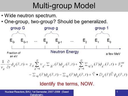 Nuclear Reactors, BAU, 1st Semester, 2007-2008 (Saed Dababneh). 1 Multi-group Model Wide neutron spectrum. One-group, two-group? Should be generalized.