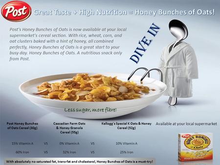 Available at your local supermarket With absolutely no saturated fat, trans-fat and cholesterol, Honey Bunches of Oats is a must-try! DIVE IN Post Honey.