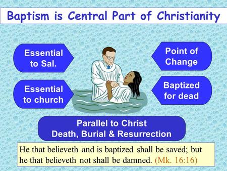 Baptism is Central Part of Christianity Essential to Sal. He that believeth and is baptized shall be saved; but he that believeth not shall be damned.