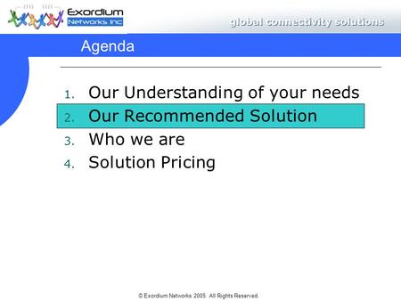 © Exordium Networks 2005. All Rights Reserved. Agenda 1. Our Understanding of your needs 2. Our Recommended Solution 3. Who we are 4. Solution Pricing.