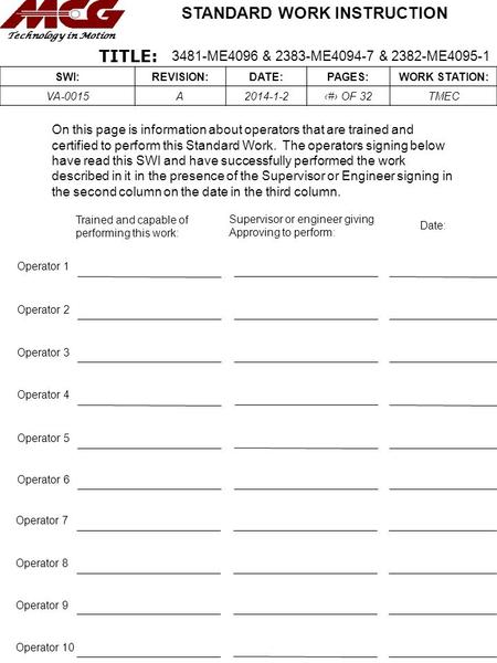 Title: Name On this page is information about operators that are trained and certified to perform this Standard Work. The operators signing below have.