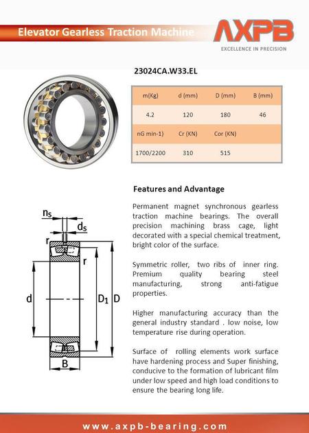 M(Kg)d (mm)D (mm)B (mm) 4.212018046 nG min-1)Cr (KN)Cor (KN) 1700/2200310515 23024CA.W33.EL Elevator Gearless Traction Machine Features and Advantage Permanent.