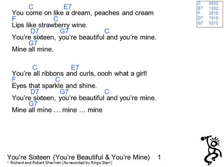 Youre Sixteen (Youre Beautiful & Youre Mine) 1 - Richard and Robert Sherman [As recorded by Ringo Starr] C E7 You come on like a dream, peaches and cream.