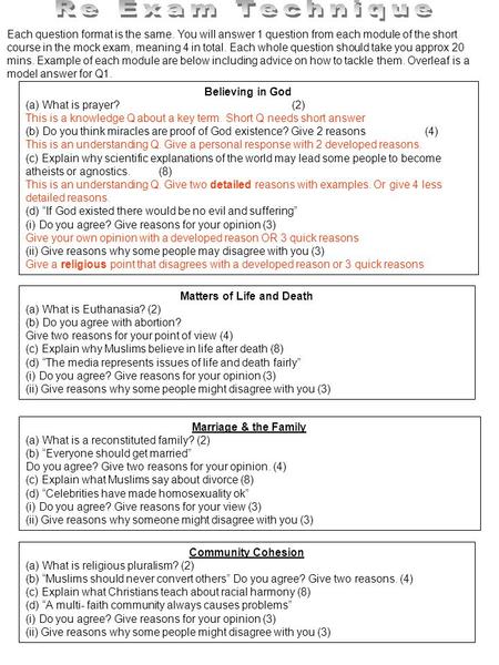 Believing in God (a) What is prayer?(2) This is a knowledge Q about a key term. Short Q needs short answer (b) Do you think miracles are proof of God existence?