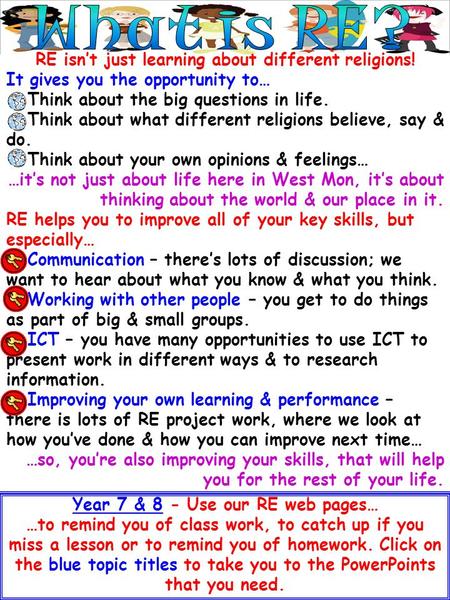 RE isnt just learning about different religions! It gives you the opportunity to… Think about the big questions in life. Think about what different religions.