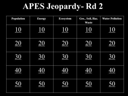 APES Jeopardy- Rd Population Energy Ecosystem