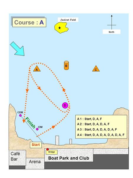 Arena Café Bar Jazirat Fahl Start / Finish North Boat Park and Club Bridge D A B Start C Finish A 1 : Start, D, A, F A 2 : Start, D, A, D, A, F A 3 : Start,