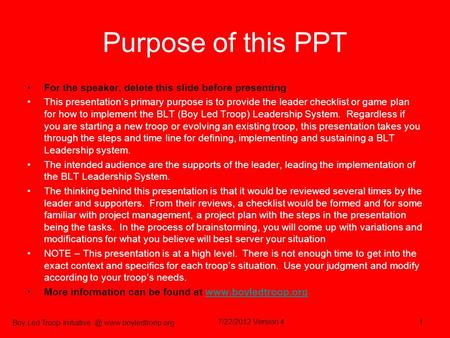 Purpose of this PPT For the speaker, delete this slide before presenting This presentation’s primary purpose is to provide the leader checklist or game.