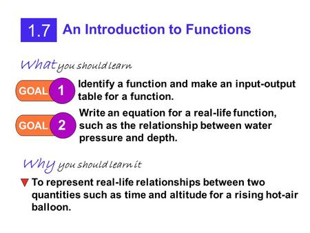 1.7 An Introduction to Functions GOAL 1 Identify a function and make an input-output table for a function. GOAL 2 Write an equation for a real-life function,