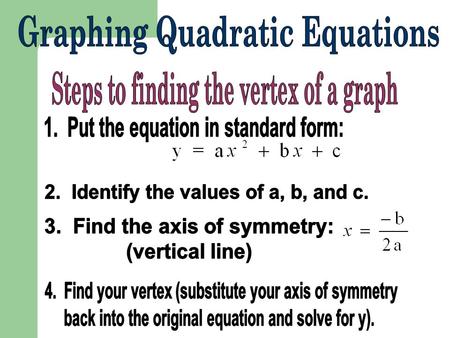 1.Find the vertex point, (h, k): 2.a will be the a from the standard form equation. 3. Substitute into y = a (x-h) 2 + k.