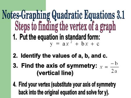 1.Find the vertex point, (h, k): 2.a will be the a from the standard form equation. 3. Substitute into y = a (x-h) 2 + k.