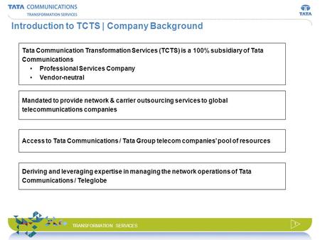 © 2008 Tata Communications Transformation Services, Ltd. All Rights Reserved. TRANSFORMATION SERVICES Business Transformation Solution for Carriers May.