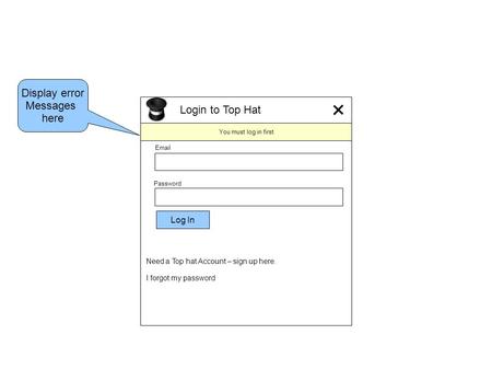Login to Top Hat Email Password Log In Need a Top hat Account – sign up here. I forgot my password You must log in first Display error Messages here.