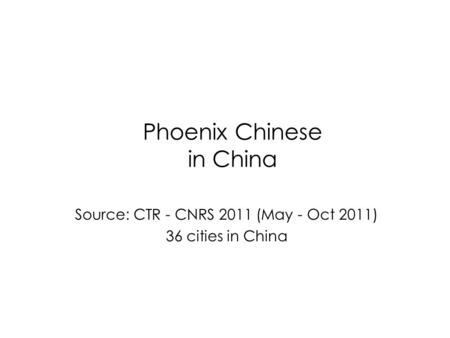 Phoenix Chinese in China Source: CTR - CNRS 2011 (May - Oct 2011) 36 cities in China.