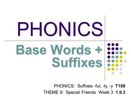 PHONICS Base Words + Suffixes PHONICS: Suffixes -ful, -ly, -y T188