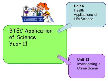BTEC Application of Science Year 11 Unit 6 Health Applications of Life Science Unit 13 Investigating a Crime Scene.
