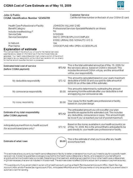 John Q Public CIGNA Identification Number 123456789 Explanation of estimate This is an estimate of the amount you will owe for the medical service(s) specified.