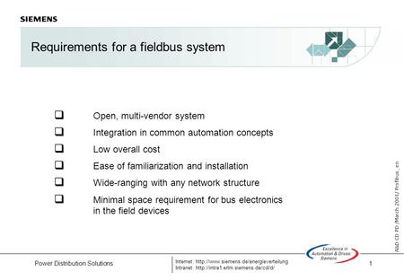 1 A&D CD PD /March 2001/ Profibus_en Internet:  Intranet:  Power Distribution.