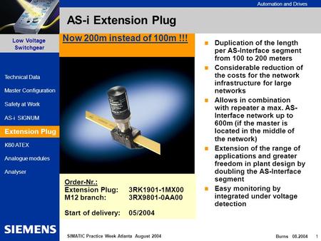 Automation and Drives Safety at Work AS-i SIGNUM Extension Plug Low Voltage Switchgear Burns 08.2004 1 Master Configuration K60 ATEX Analogue modules Analyser.