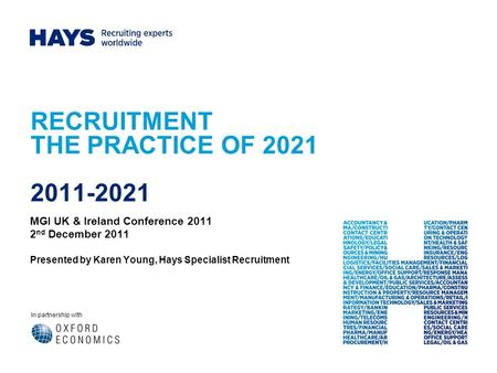 In partnership with RECRUITMENT THE PRACTICE OF 2021 2011-2021 MGI UK & Ireland Conference 2011 2 nd December 2011 Presented by Karen Young, Hays Specialist.