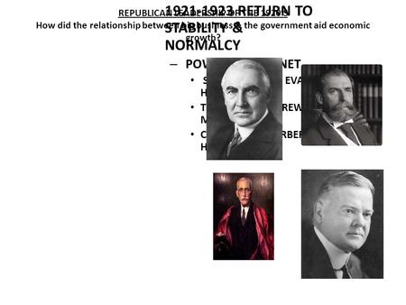 WARREN G. HARDING RETURN TO STABILITY & NORMALCY