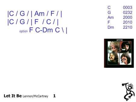 |C / G / | Am / F / | |C / G / | F / C / | option F C-Dm C \ | C0003 G0232 Am 2000 F2010 Dm2210 Let It Be Lennon/McCartney 1.