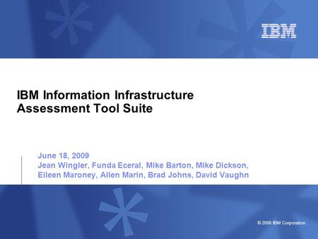 © 2008 IBM Corporation IBM Information Infrastructure Assessment Tool Suite June 18, 2009 Jean Wingler, Funda Eceral, Mike Barton, Mike Dickson, Eileen.