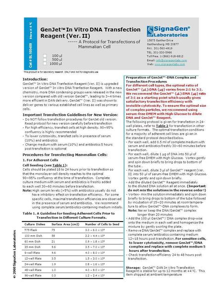 Cat # SL100489 Store at 4 0 C GenJet In Vitro DNA Transfection Reagent (Ver. II) ----- A Protocol for Transfections of Mammalian Cell 100 l 500 l 1000.