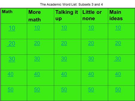 Math More math Talking it up Little or none Main ideas 10 20 30 40 50 The Academic Word List: Subsets 3 and 4.