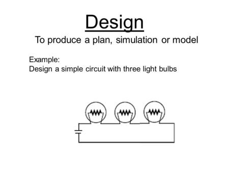 Design To produce a plan, simulation or model Example: Design a simple circuit with three light bulbs.