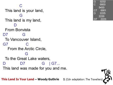 This Land Is Your Land – Woody Guthrie 1 (Cdn adaptation: The Travellers) G 0232 C 0003 5433 C7 0001 D 2225 2220 D7 2223 C This land is your land, G This.