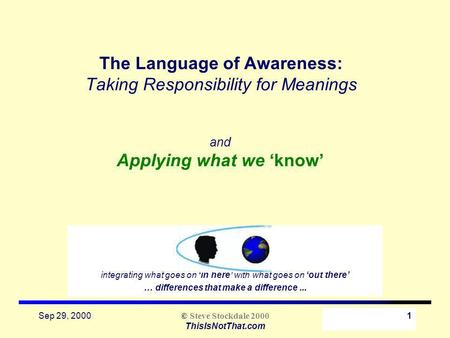 Sep 29, 2000 © Steve Stockdale 2000 ThisIsNotThat.com 1 The Language of Awareness: Taking Responsibility for Meanings integrating what goes on in here.