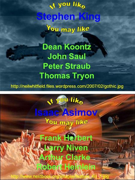 Isaac Asimov Frank Herbert Larry Niven Arthur Clarke Robert Heinlein  Stephen King Dean Koontz John Saul.