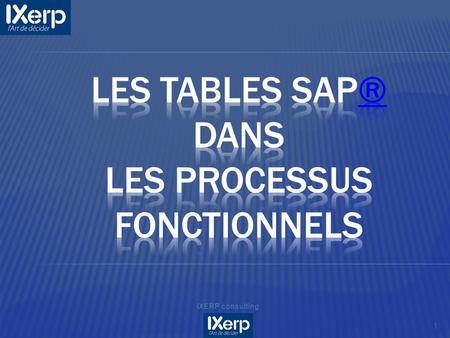 1 IXERP consulting. Master DATA 2 IXERP consulting Les Données de base CEPC = Profit Center Master Data Table CSKS = Cost Center Master KNA1 = Customer.