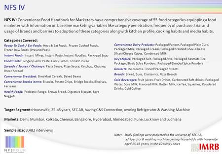 NFS IV NFS IV: Convenience Food Handbook for Marketers has a comprehensive coverage of 55 food categories equipping a food marketer with information on.