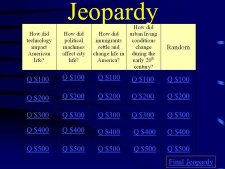 Jeopardy Q $100 Q $200 Q $300 Q $400 Q $500 Q $100 Q $200 Q $300 Q $400 Q $500 Final Jeopardy.