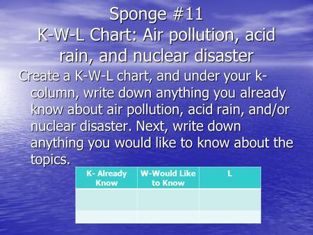 Sponge #11 K-W-L Chart: Air pollution, acid rain, and nuclear disaster