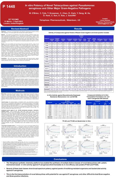 In vitro Potency of Novel Tetracyclines against Pseudomonas aeruginosa and Other Major Gram-Negative Pathogens W. O'Brien, C. Fyfe, T. Grossman, C. Chen,