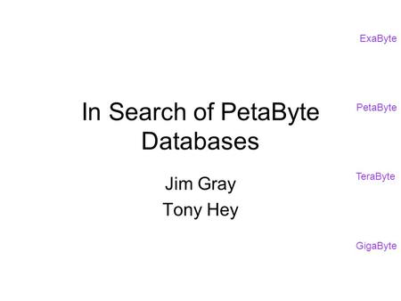 GigaByte TeraByte PetaByte ExaByte In Search of PetaByte Databases Jim Gray Tony Hey.